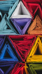 Poster - Close-up of colorful folded paper triangles, creating a geometric texture, showcasing vibrant hues and intricate detail, ideal for design or abstract concepts