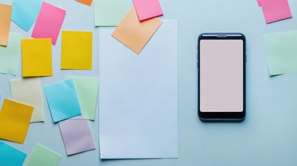 Poster - Digital marketing workspace with social media content planning sheets, a smartphone, and a strategy board, copy space included.
