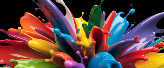 Poster - Vibrant multicolored paint splashes, dynamic and energetic, represent creativity, art, and design, ideal for advertising or artistic projects