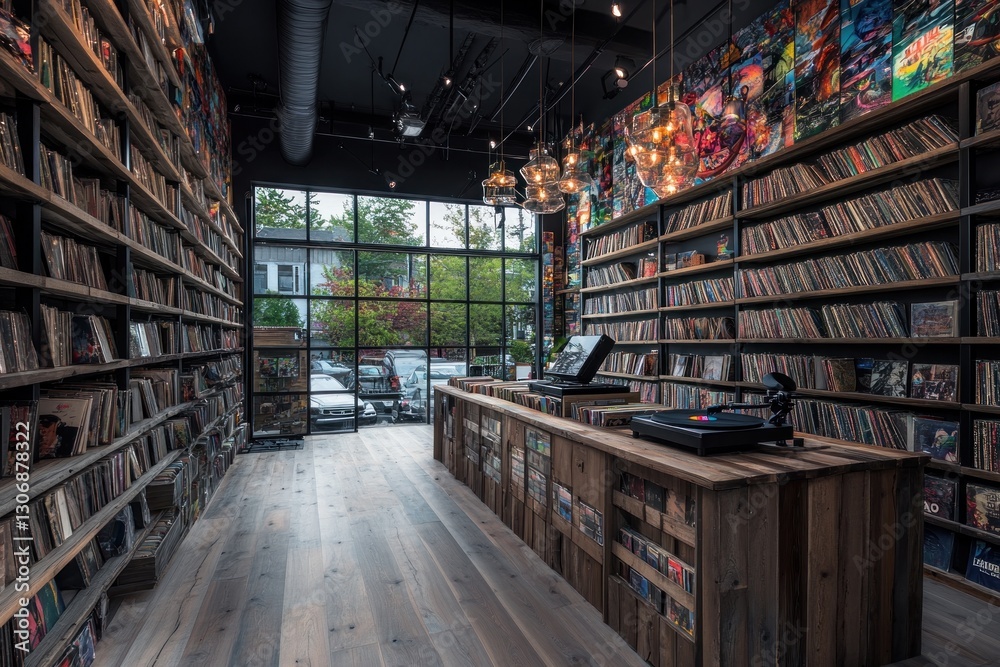 Modern record store interior with vinyl records on shelves, wooden ...