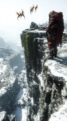 Wall Mural - lone explorer on snowy cliff edge overlooking vast mountain valley, with three animals leaping in th