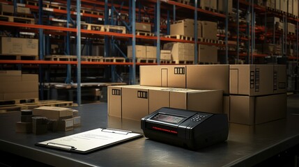 Poster - Small business inventory tracking concept with stacked boxes, barcode scanner, and a clipboard on a warehouse table, copy space included.