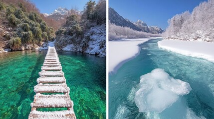 Wall Mural - diptych showcasing a snow-covered wooden footbridge over a crystal-clear turquoise river and a parti