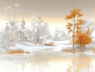 Wall Mural - winter village scene with a single orange tree by a frozen lake, under a muted sky.