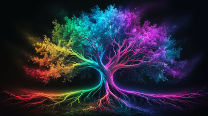 Poster - Rainbow-colored tree with glowing roots, set against a dark background, showcasing vibrant fantasy and nature themes, ideal for digital art or mystical concepts.