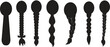 © WaQar - Hair Braided Silhouette icon set. There's a bun, a braid a loose wavy hairstyle. long female fashion plait. Vector of human hair in natural black color ribbon isolated on transparent background