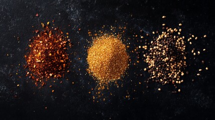 Poster - Set mix seasoning, spicy chili pepper flakes, coriander seeds, Kati masala spice powder mix, sumac, Caribbean curry pile, milled linseed, Anise seeds spice, top view , 32k resolution
