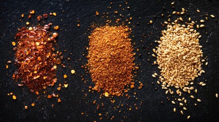 Poster - Set mix seasoning, spicy chili pepper flakes, coriander seeds, Kati masala spice powder mix, sumac, Caribbean curry pile, milled linseed, Anise seeds spice, top view , 32k resolution