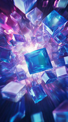 Aufkleber - Abstract image of vibrant blue and purple glass cubes, floating against a dark background, creating a dynamic and energetic composition, suitable for tech or design concepts