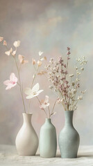Poster - Three vases with pastel flowers and dried plants on a light background, creating a serene and delicate scene, showcasing a minimalist aesthetic perfect for home decor or calm imagery