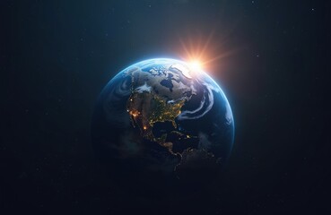 Wall Mural - gorgeous planet earth view from space. sunrise over north america. city lights glow at night. perfec