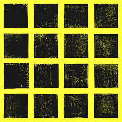 Poster - Grungy textured hand printed square shapes collection. Linocut vector relief block printing squares, rough worn scuffed textures set. Lino ink grunge text frames, boxes templates. Artistic backgrounds
