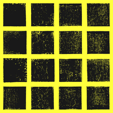 Grungy textured hand printed square shapes collection. Linocut vector relief block printing squares, rough worn scuffed textures set. Lino ink grunge text frames, boxes templates. Artistic backgrounds
