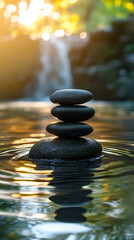 Poster - three dark grey stones balanced on water, blurred waterfall background, suggesting tranquility and b