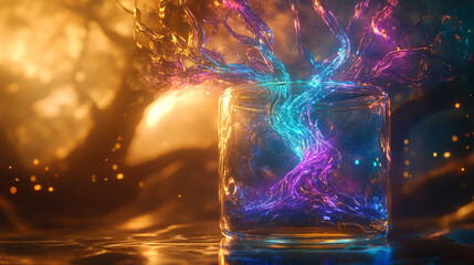 Poster - Glowing, vibrant tree-like form inside glass cylinder, set against a blurred, warm background. Represents energy, growth, or mystical power, ideal for fantasy or abstract concepts