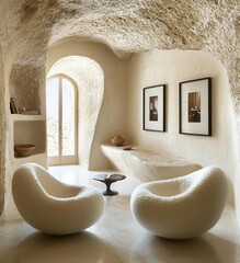 Poster - Stylish interior featuring modern chairs, natural lighting, and unique architecture that blends nature and design seamlessly, copy space, commercial use