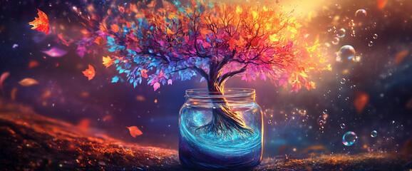 Poster - Colorful tree in glass jar, vibrant leaves, glowing roots, magical autumn scene, symbolizing growth, nature, fantasy