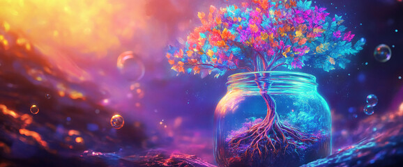 Poster - Colorful tree in glass jar, vibrant roots and leaves, magical fantasy scene, glowing bubbles, dark background, showcase, free space for text, wallpaper