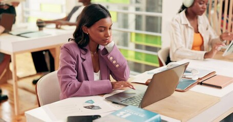 Aufkleber - Laptop, woman and college for assignment notes, writing and research for studying module. Business course, notebook and portal for university education, person and website for learning development