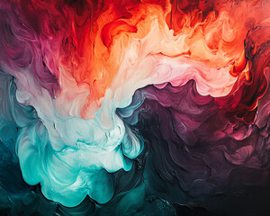 Aufkleber - Abstract painting with swirling red, orange, teal, and purple hues creating a dynamic, fluid composition, showcasing vibrant color mixing and texture