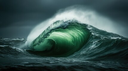 Poster - Deep green wave cresting under a stormy sky, foamy white spray blowing in the wind. Copy space available.