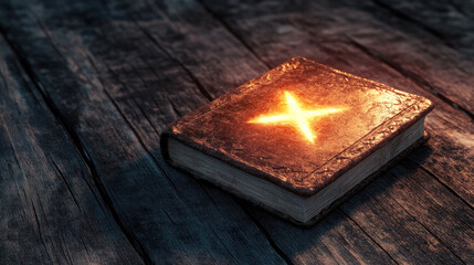 Wall Mural - mysterious book of shadows for white magic rituals on rustic wooden surface, evoking enchantment and