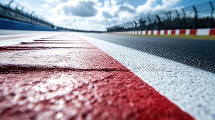 Poster - Dramatic low-angle shot of a race track, emphasizing speed and power. Open copy space.