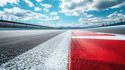 Poster - Dramatic low-angle shot of a race track, emphasizing speed and power. Open copy space.