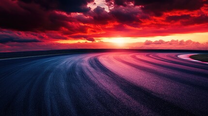Poster - High-speed asphalt race track curving into the distance under a dramatic sunset sky. Open copy space. No text, no people.