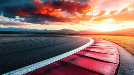 Poster - High-speed asphalt race track curving into the distance under a dramatic sunset sky. Open copy space. No text, no people.