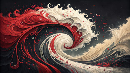 Poster - dynamic abstract composition featuring swirling waves in red and white, creating captivating visual experience. interplay of colors evokes sense of movement and energy