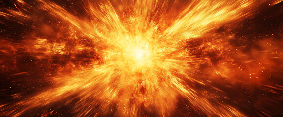 Poster - Intense orange and yellow light bursts from central point, radiating outwards creating a fiery, energetic explosion effect, showcasing power and dynamism