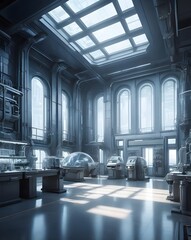 Poster - a futuristic laboratory with advanced equipment, bathed in a cool, metallic light, exuding a sense of innovation and cutting-edge technology.