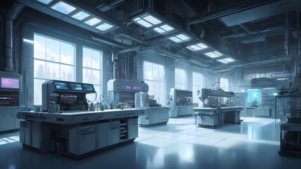 Poster - futuristic laboratory interior design featuring advanced equipment. It has sleek, modern aesthetics with technology displays
