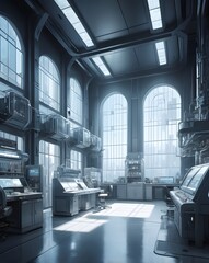 Poster - an indoor futuristic and advanced laboratory room with large windows
