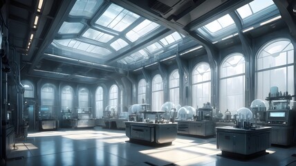 Poster - a futuristic laboratory with a spacious, light-filled interior with large windows and modern equipment