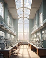 Poster - a science lab filled with equipment, windows, and desks