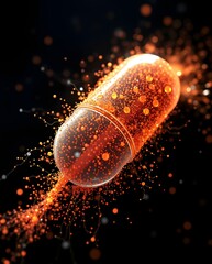 Poster - an artistic, vibrant capsule emitting particles, representing medicine and technology, against a dark background