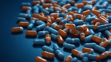 Poster - a close-up shot of colorful pills scattered on a blue surface, suggesting medicine and healthcare. The pills appear to be capsules, in various colors