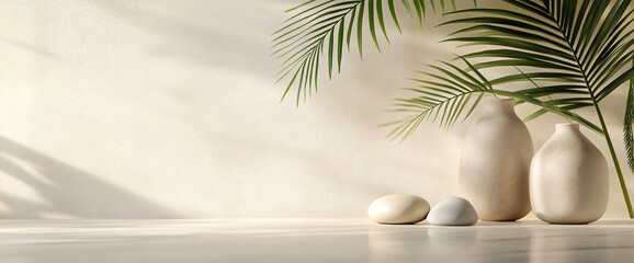 Leinwandbilder - Beige vases, smooth stones, palm leaves on a neutral backdrop create a serene, minimalist scene Ideal for showcasing products or brands, promoting tranquility and natural aesthetics