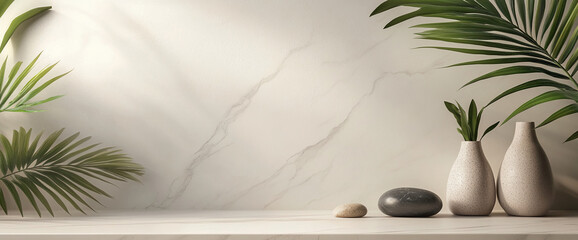Aufkleber - Marble surface with two vases, stones, and green leaves, showcasing a minimalist, serene scene ideal for product display or advertisement, offering free space for text or mockup