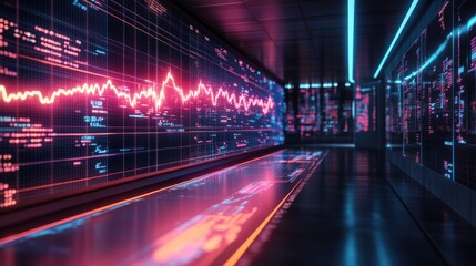 Poster - A futuristic corridor displaying vibrant data visualizations and digital graphs, illuminated with neon lights.