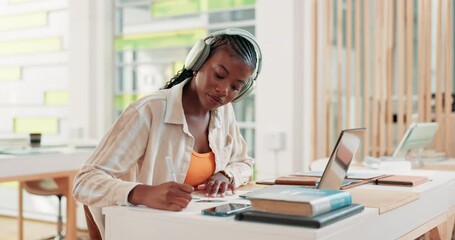 Poster - Library, black woman and headphones with laptop for education, writing notes and listening to audio. College, female person and student with digital for business module, test information and music