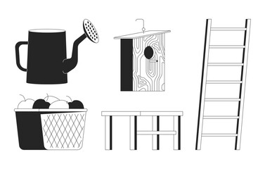 Fototapete - Gardening and farming essentials 2D line objects set. Watering can, wooden birdhouse, apples basket, ladder, table isolated cliparts vector ink outline items. Monochrome spot illustrations collection