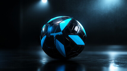 Poster - Futuristic black and blue sphere,  geometric design, dark background,  spotlight illumination, showcasing a technological or sporty concept