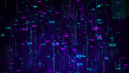 Poster - Abstract scientific background. 3D animated composition of intersecting multicolored grids. Information technology concept. Digital cyberspace with rapidly changing numbers. Cloud computing.