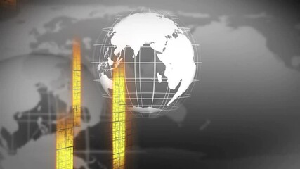 Poster - Rotating globe animation over abstract digital map background with yellow accents