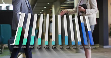 Poster - Shaking hands, business people with bar graph showing monthly data animation