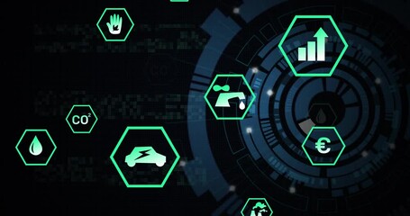 Poster - Hexagonal icons showing energy, finance, and environment on digital school interface