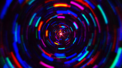 Poster - Colorful concentric neon circle. Multicolor RGB swirl background. Neon futuristic abstract magic circle. Spiral illustration. Wavy pattern. Colorful lens. 3D rendering.